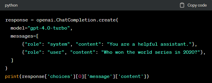 调用API：你现在可以在代码中使用OpenAI提供的方法来调用ChatGPT。例如，在Python中，你可以这样生成一个聊天消息：